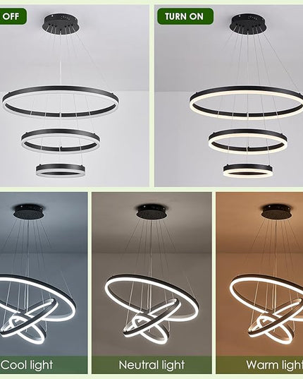 3-Rings D23.6 Modern LED Chandelier Black Dimmable Pendant Lighting with Remote Control Circular Flush Mount High Ceiling Light for Dining Room Living Room Bedroom Entrance Foyer, 3000K-6500K