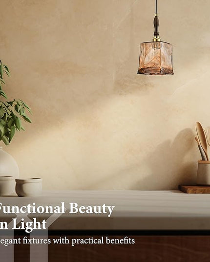 Modern Amber Glass Pendant Light, 5.25"x11.7" Elongated Hanging Fixture with Wood Grip & Brass Accent, 15"-72" Adjustable Line, E26 Socket – Golden Amber Rectangular
