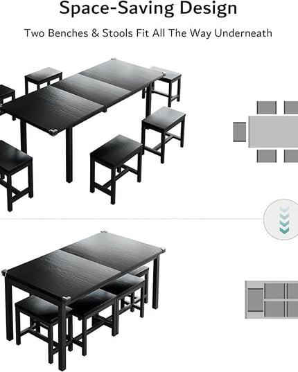iPormis 7-Piece Dining Table Set with 6 Stools, 63" Extendable Kitchen Table Set for 4-8, Modern Dining Room Table with Sturdy Metal Frame, Space-Saving Dinette, Black