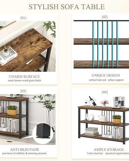 FOLUBAN Industrial Console Table, 3 Tier Entryway Sofa Foyer Table for Living Room Hallway Behind Couch, Rustic Brown