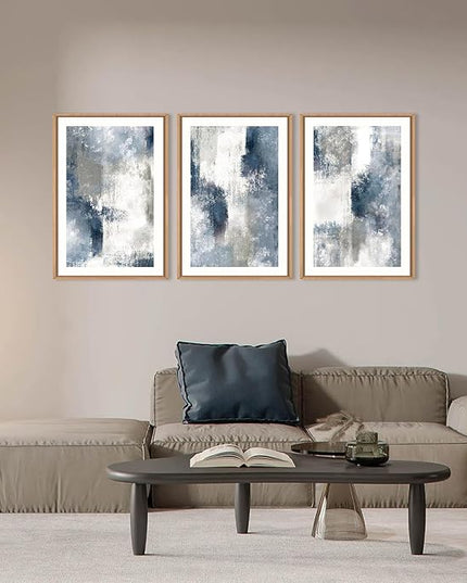 HOURIA Abstract Navy Blue Gray Framed Canvas Wall Art Set,Neutral White Brush Stroke Wall Decor,Minimalist Color Block Shapes Artwork,Modern Pastel Prints for Living Room,Bedroom,Farmhouse- 16"x24"x3