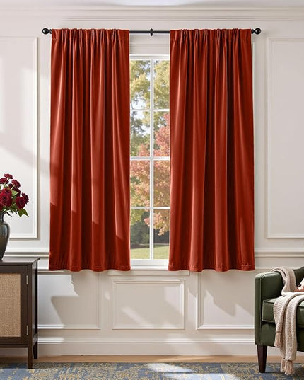 Lazzzy Velvet Blackout Curtains Thermal Insulated Room Window Drapes Super Soft Luxury Curtains for Living Room Bedroom Rod Pocket 2 Panels, Rust Red, 52" W x 63" L