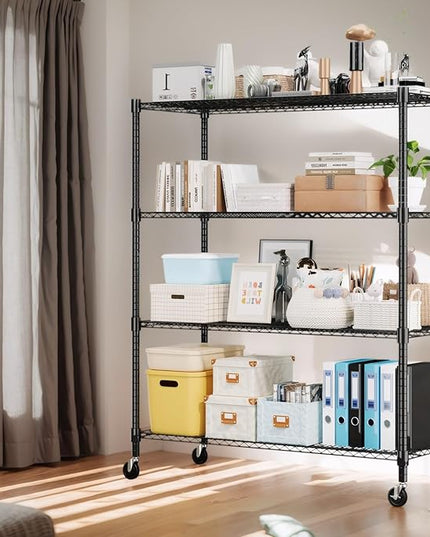 Himimi Storage Shelves 60" W Wire Shelving with Wheels 2600LBS Heavy Duty Metal Shelves for Storage, 4-Tier Adjustable Wire Rack Shelving Garage Shelving Kitchen Storage Shelves 24" Dx60 Wx72H, Black