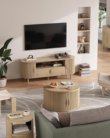 Round Coffee Table with Storage, 31.5" Drum Coffee Table with Lifting Top, Small Fluted Accent Center Table for Living Room, Oak