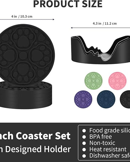 Black Silicone Coaster with Holder, 4 Inches Modern Bar Coasters Set of 6 for Desk, Tabletop Non Slip Decorative Cup Mat for Coffee, Drinks, Beer, Beverage - Dishwasher Safe