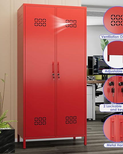 Aobabo Metal Wardrobe Cabinets with Lock, 2 Door Metal Closet wtih 4 Adjustable Shelves and 2 Hannging Rod, Lockable Locker Cabinet, Storage Locker for Home, Office,Red, Assembly Required