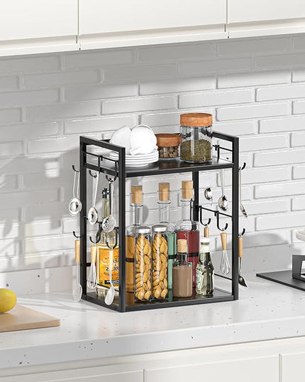 Dorhors 2 Tier Coffee Bar Accessories and Organizer,Multi-functional Mug Holder with 12 Hooks,Wood Coffee Station Organizer,Kitchen Countertop Shelf (Black)