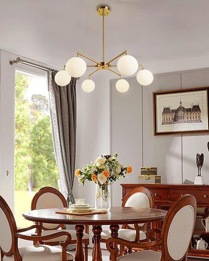 6-Lights Globe Mid Century Chandelier Modern Sputnik Pendant Light Fixture with G9 Bulb Brushed Brass Finished with White Globe Glass Lampshade Dining Kitchen Island Bedroom Lighting (Gold)