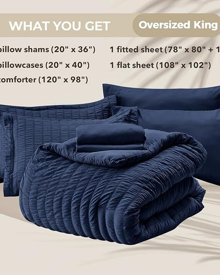 HYMOKEGE Navy Blue Oversized King Comforter Set Seersucker 7 Pieces, All Season Luxury Bed in a Bag for Bedroom, Bedding Set with Comforter, Sheets, Pillowcases & Shams