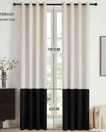 BULBUL Cream Black Color Block Window Curtains Panels 108 inches Long Velvet Farmhouse Drapes for Bedroom Living Roomm Darkening Treatment with Grommet Set of 2