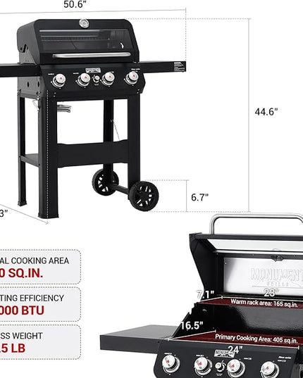 Monument Grills 4-Burner Liquid Propane Gas Grill, Matte Black Stainless Steel Burner Grill with Clearview® Lid and One Foldable Shelf for Outdoor Cooking Kitchen Patio Backyard Barbecue, Mesa420MF