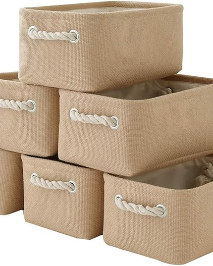 TheWarmHome Storage Basket for Organizing - Small 6 Pack 11.8x7.8x5.2 inch Fabric Storage Cubes with Cotton Rope Handle, Collapsible Storage Bins Baby Storage Toy Nursery (Beige)