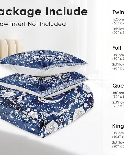 Comforter Set King Size, Astrology Sun Moon Soft 3 Pcs Bedding for Kids and Adults Blue Starry Flower Comforter Set with 2 Pillowcases for Bedroom Bed Decor