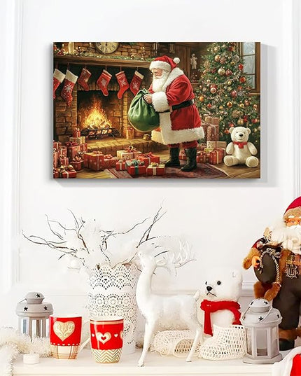 YONICA Christmas Wall Decor Santa Canvas Wall Art Home Decorations 30x20 Inches - Santa Pictures Christmas Pine Tree Bear Doll Prints Winter Painting Xmas Artworks for Living Room Bedroom