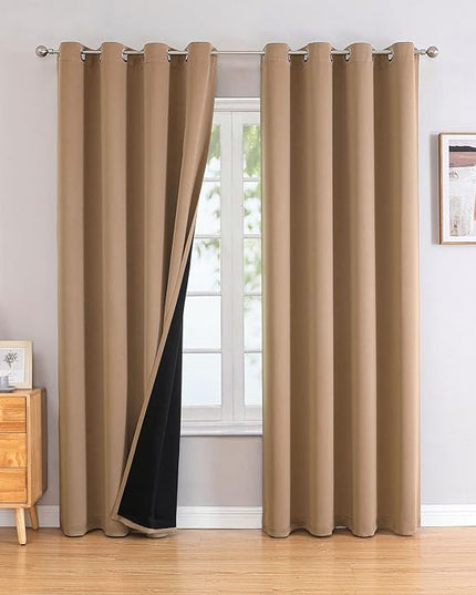 ChrisDowa 100% Blackout Curtains 102 inch Long for Bedroom with Black Liner, 2 Thick Layers Total Blackout Thermal Insulated Grommet Window Curtains 2 Panels Set (Cappuccino, 52 x 102 Inch)