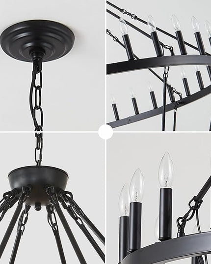 80-Inch Black 2 Tier Wagon Wheel Chandelier, 80-Light Double Tier Extra Large Foyer Lighting, Candle Industrial Round Iron Chandelier for High Ceilings, Dining Room, Entryway, E12