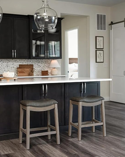 Maven Lane Adrien Backless Bar Stool – 31 Inch Saddle Seat with Footrest – Grey Solid Wood Frame & Grey Faux Leather Upholstery – Ideal for Bars, Pub Tables & Tall Kitchen Counters