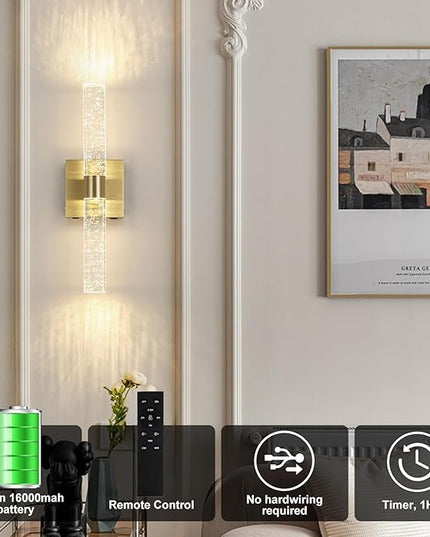 Battery Operated Crystal Wall Sconce 2-Pack Rechargeable Modern Vanity Light Fixtures, 3000K-6000K Dimmable Gold LED Wireless Wall Lights for Bathroom Bedroom Living Room Hallway