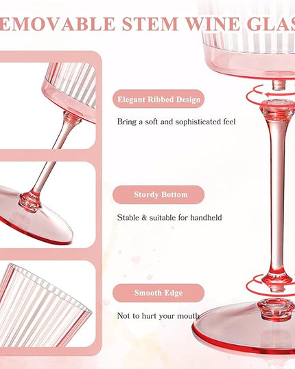 48 PCS Pink Plastic Wine Glasses with Removable Stems 13.5 Oz Pink Ribbed Wine Glasses Square White Wine Glass Muted Pastel Colors Goblets Elegant Fluted Glassware for Wedding Anniversary Birthday
