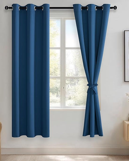 JIUZHEN Classic Blue Blackout Curtains with Tiebacks Thermal Insulated, Light Blocking and Noise Reducing Grommet Curtains for and Living Room, Set of 2 Window Curtain Panels, 42 x 72 Inch Length