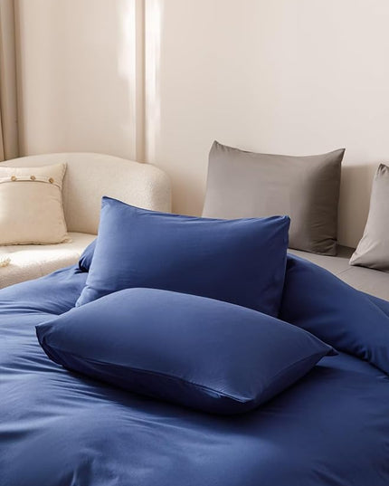 Houseri Royal Blue Comforter Set Queen Neutral Navy Bedding Men Women Japanese Style Solid Blue Vintage Farmhouse Bed Sets Queen Size