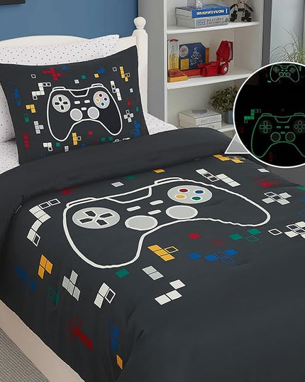 Twin Comforter Set for Boys-5 Pieces Gamer Glow in The Dark Twin Bedding Sets for Kids, Ultra Soft Bed in A Bag with Sheets