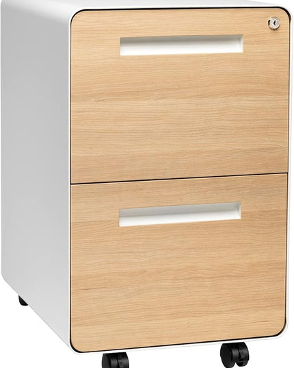 Laura Davidson Furniture Stockpile 2 Drawer Mobile File Cabinet with Lock - Under Desk Metal Filing Cabinet, Legal/Letter File Folders, Wheels and Stationary Feet, Pre-Assembled, White/Wood