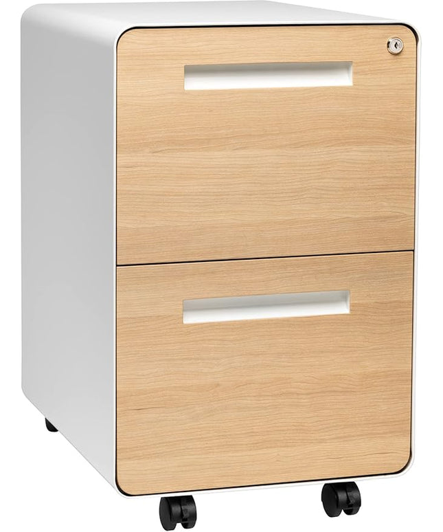 Laura Davidson Furniture Stockpile 2 Drawer Mobile File Cabinet with Lock - Under Desk Metal Filing Cabinet, Legal/Letter File Folders, Wheels and Stationary Feet, Pre-Assembled, White/Wood