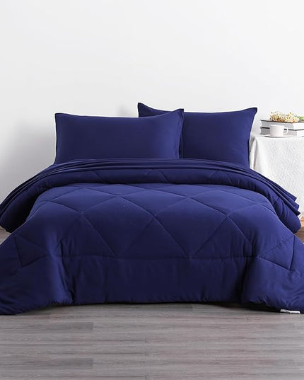 NTBAY Twin Comforter Set with Sheets, 5 Pieces Soft and Breathable Bedding Set, Bed in a Bag, Down Alternative Comforter Set Solid Color All Season, Kids Bedding Set, Navy Blue