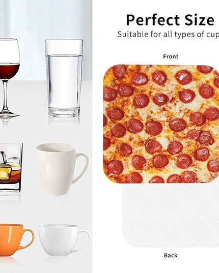Marble Coasters Square Leather Drinks Coaster Set with Holder for Coffee Table Bar Home Decor 4 Inches Set of 6 (Pizza, One Size)