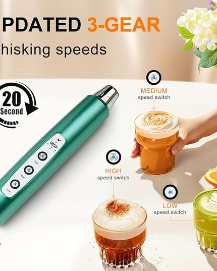YUSWKO Green Handheld Milk Frother Wand for Coffee, Rechargeable Electric Whisk with 3 Heads 3 Speeds Drink Mixer Coffee Frother For Latte, Cappuccino, Hot Chocolate, Egg