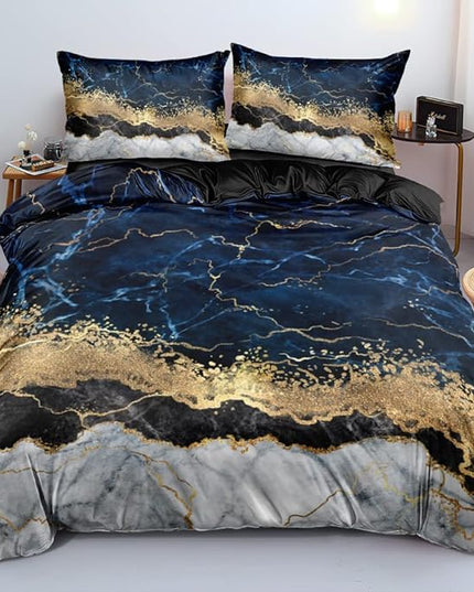 Royal Blue Marble Duvet Cover Set Queen Size Sequin Gold Bedding Comforter Covers with 2 Pillow Shams Breathable Durable Soft Comfy