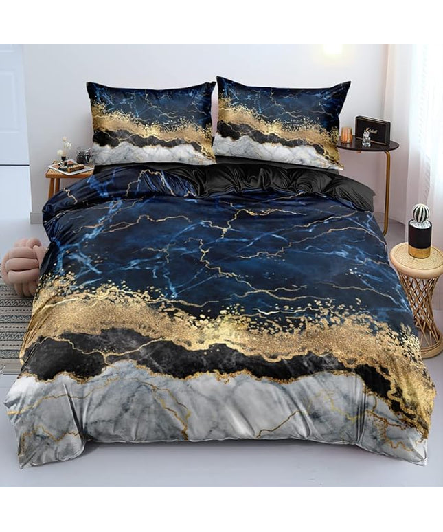 Royal Blue Marble Duvet Cover Set King Size Sequin Gold Bedding Comforter Covers with 2 Pillow Shams Breathable Durable Soft Comfy