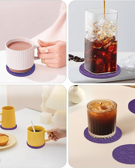 6 Pack Purple Silicone Coffee Coasters with Holder, 4 Inches Non-Slip Decorative Round Coaster for Tabletop, Desk Dishwasher Safe Cup Mat for Bar, Drinks, Beer