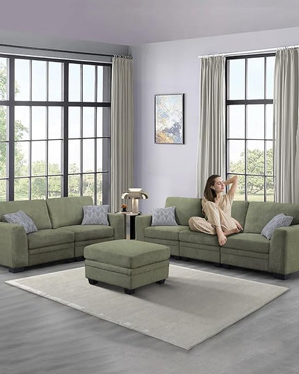 Legend Vansen Oversized Modular Sectional Sofa,6 Seat U Shaped Couch with Ottoman,Corduroy Sofa with Deep Seat,Convertible Large Sectional Couches for Living Room (Olive, L2+3)