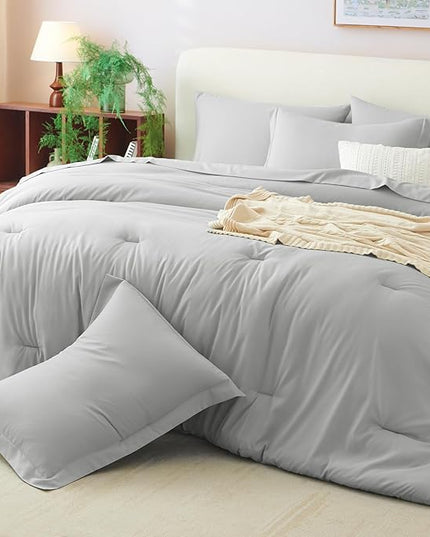 CozyLux King Size Comforter Set Light Grey, 7 Pieces Bed in a Bag King Comforter Set with Sheets, Bedding Set with Down Alternative Comforter, Fitted Sheet, Flat Sheet, Pillow Shams and Pillowcases