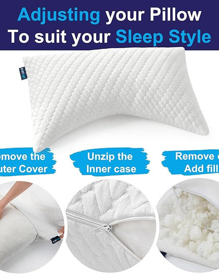 Sidney Sleep Set of 2 Queen Size Bed Pillows for Side and Back Sleepers - Adjustable Filling - Memory Foam Pillows for Neck and Shoulder Pain - Customizable Loft - Extra Foam Included (White)