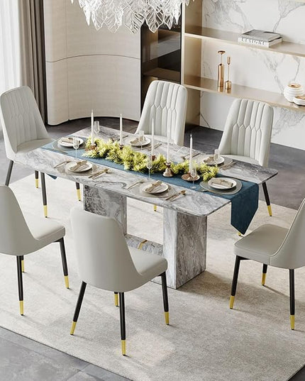 Dinner Table Set for 6, 7 Piece Dining Table Set with Chairs, 63" Faux Marble Modern Table with 6 PU Leather Upholstered Chairs, for Kitchen & Dining Room