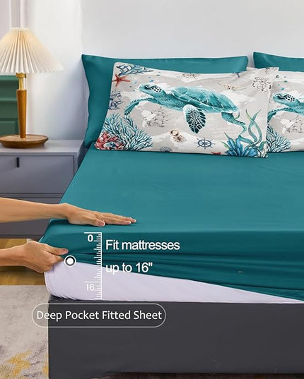 Bedbay 6 Pieces Nautical Bedding Twin Comforter Set with Sheets Coastal Bedding Bed in a Bag Set Sea Turtle Comforter Twin Bedding Set for Boys Girls Ocean Turtle Bed Set(Ocean,Twin)
