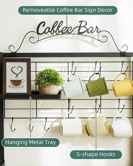 Coffee Bar Cart with Wheels, 5-tier Coffee Bar Table, Kitchen Coffee Bar Cabinet with Storage, Rustic Coffee Bar, Rolling Coffee Cart, Coffee Nook, Corner Coffee Bar Station with Drawer, Bakers Rack