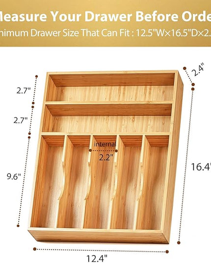 Umilife Kitchen Drawer Organizer, 12.5 Inch Silverware Utensil Tray Holder, Extra Deep, with Non-Slip Feet & Grooved Drawer Divider, 7 Slots Total Bamboo Wood Caddy for Flatware Cutlery Knives