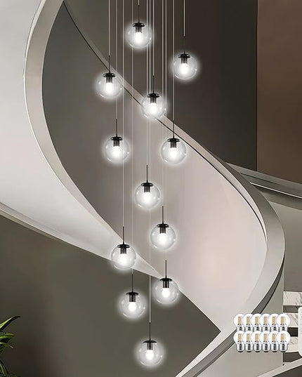 KoKo&Yukina 12-Light Black Mid Century Modern Chandelier for Living Room Staircase Chandelier for Entryway Clear Globe Glass Chandelier High Ceiling Chandeliers Foyer Entryway (Bulb & Remote Incl.)