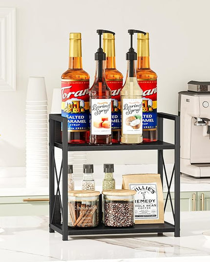 Giikin Countertop Organizer, 2 Tier Coffee Station Organizer for Desktop, Wood Counter Shelf Spice Rack for Kitchen (Black, M)