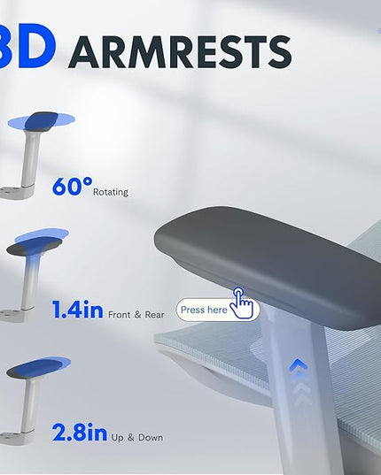 FLEXISPOT ErgoX Premium Ergonomic Office Chair with Footrest- Adjustable 3D Armrests, Dynamic Lumbar Support, Recline & Tilt Function, Mesh Seat, for Home & Office Use,Light Grey