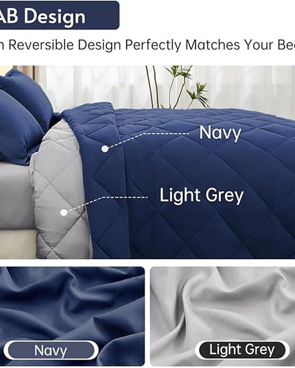 MUXHOMO 7 Pieces King Comforter Set, Reversible Bed in a Bag King Size, All Season Bedding Set with Comforter, Flat Sheet, Fitted Sheet, Pillowcases & Shams, Navy & Light Grey