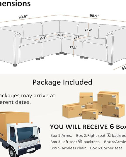 VANOMi Oversized Modular Sectional Sofa, V-Shaped Corner Sectional Couch for Living Room, 5 Seats Modular Sofa, Cream White