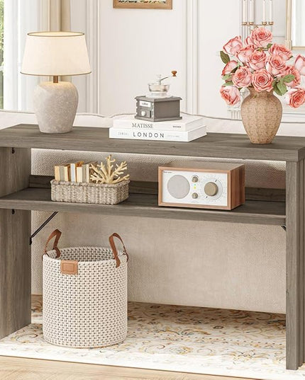 BON AUGURE Sofa Console Table, Wood Entryway Table, Grey Behind Couch Tables with Open Storage, Modern Narrow Hallway Tables (Greige Oak, 47 Inches)
