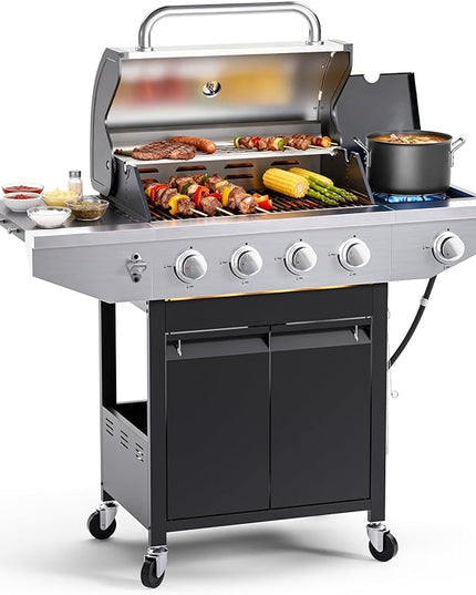 4-Burner Propane Gas BBQ Grill with Side Burner, 46,500 BTU Output Stainless Steel Barbecue Grill with Enameled Cast Iron Grates and Side Tables for Outdoor Cooking Kitchen and Patio Backyard