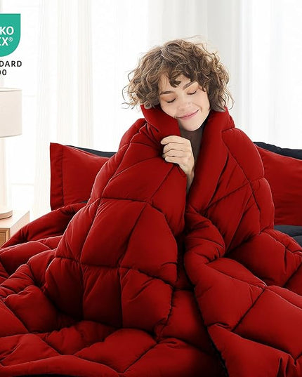 MUXHOMO 7 Pieces Queen Comforter Set, Reversible Bed in a Bag Queen Size, All Season Bedding Set with Comforter, Flat Sheet, Fitted Sheet, Pillowcases & Shams, Red & Black