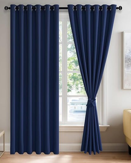 JIUZHEN Navy Blue Blackout Curtains with Tiebacks Thermal Insulated, Light Blocking and Noise Reducing Grommet Curtains for Bedroom and Living Room, Set of 2 Window Curtain Panels, 70 x 84 Inch Length